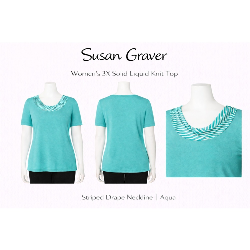Susan Graver Womens 3X Aqua Liquid Knit Top Striped Drape Neckline Short Sleeve